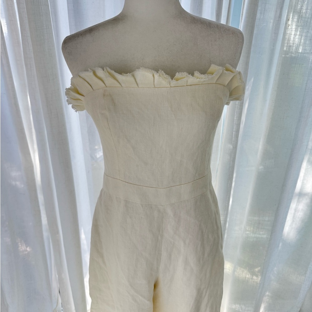 ALEXIS Linen Strapless Wide Leg Jumpsuit Cream Ruffle Top XL (no belt) - Picture 3 of 15
